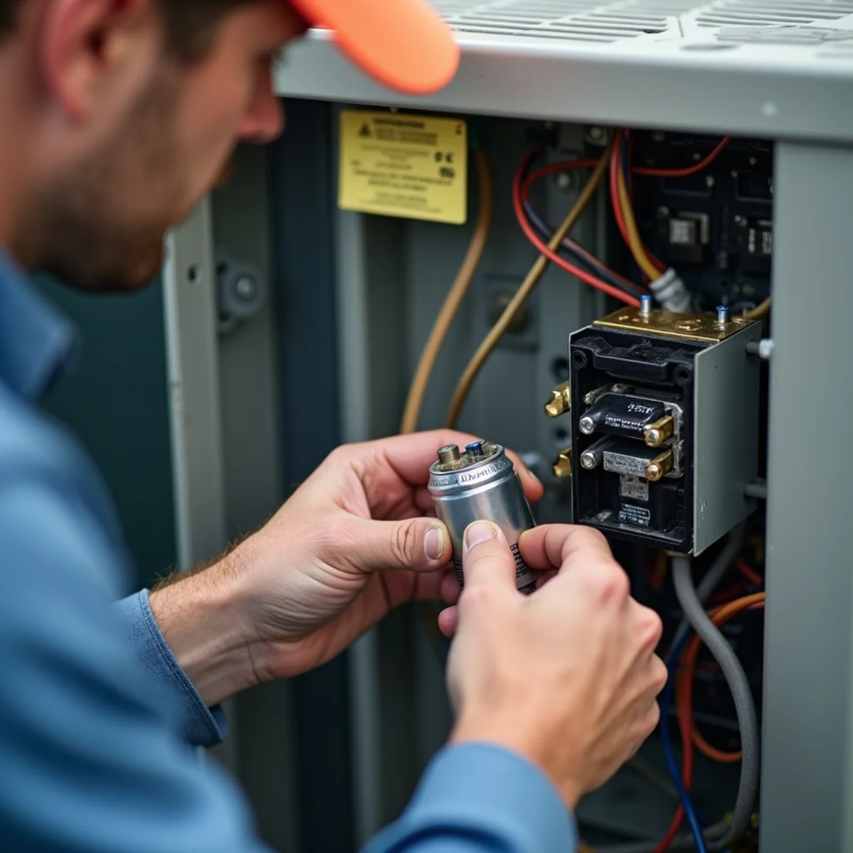 Close-up of HVAC technician testing a dual run capacitor with a digital multimeter