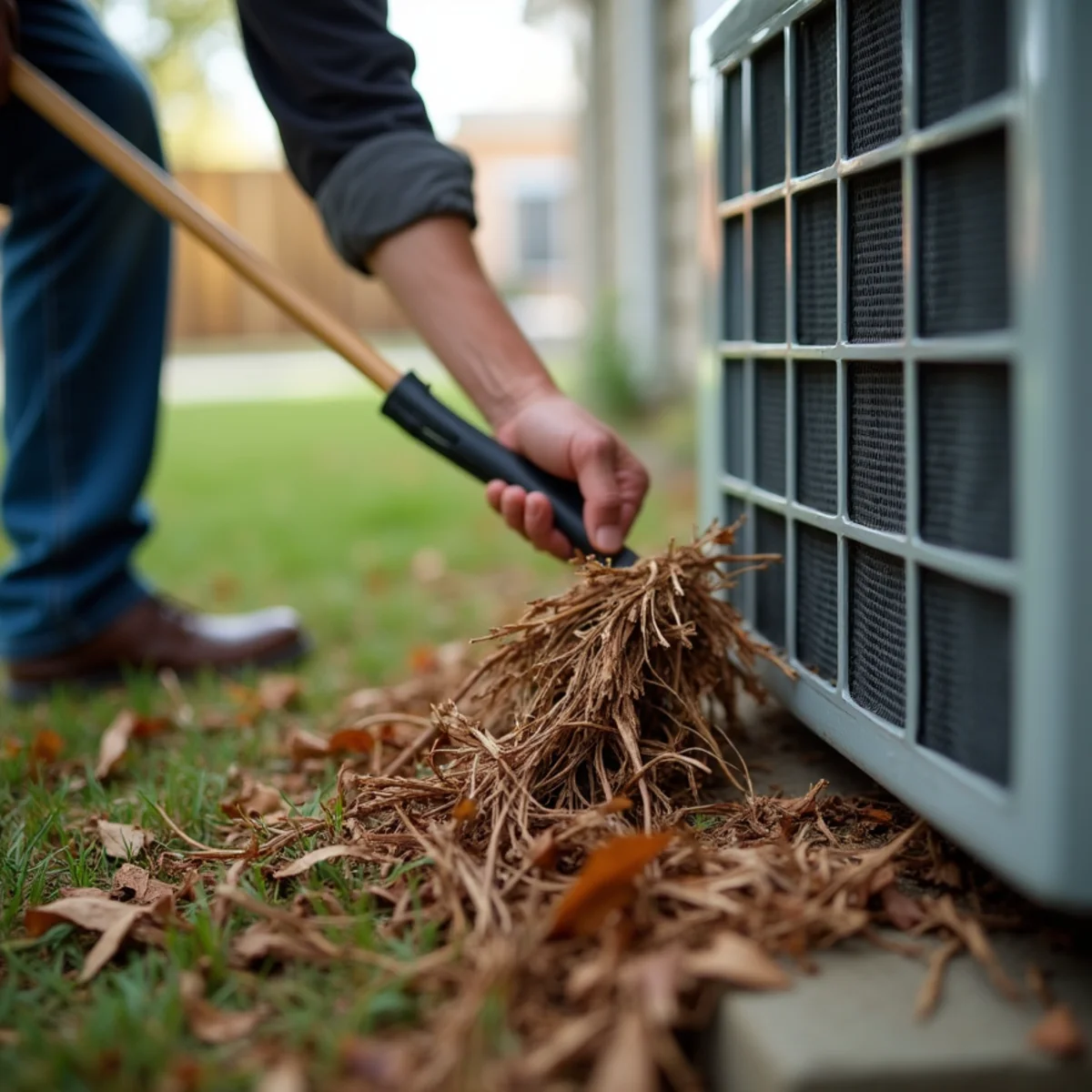 Checking for leaves and debris around outdoor air conditioning condenser unit