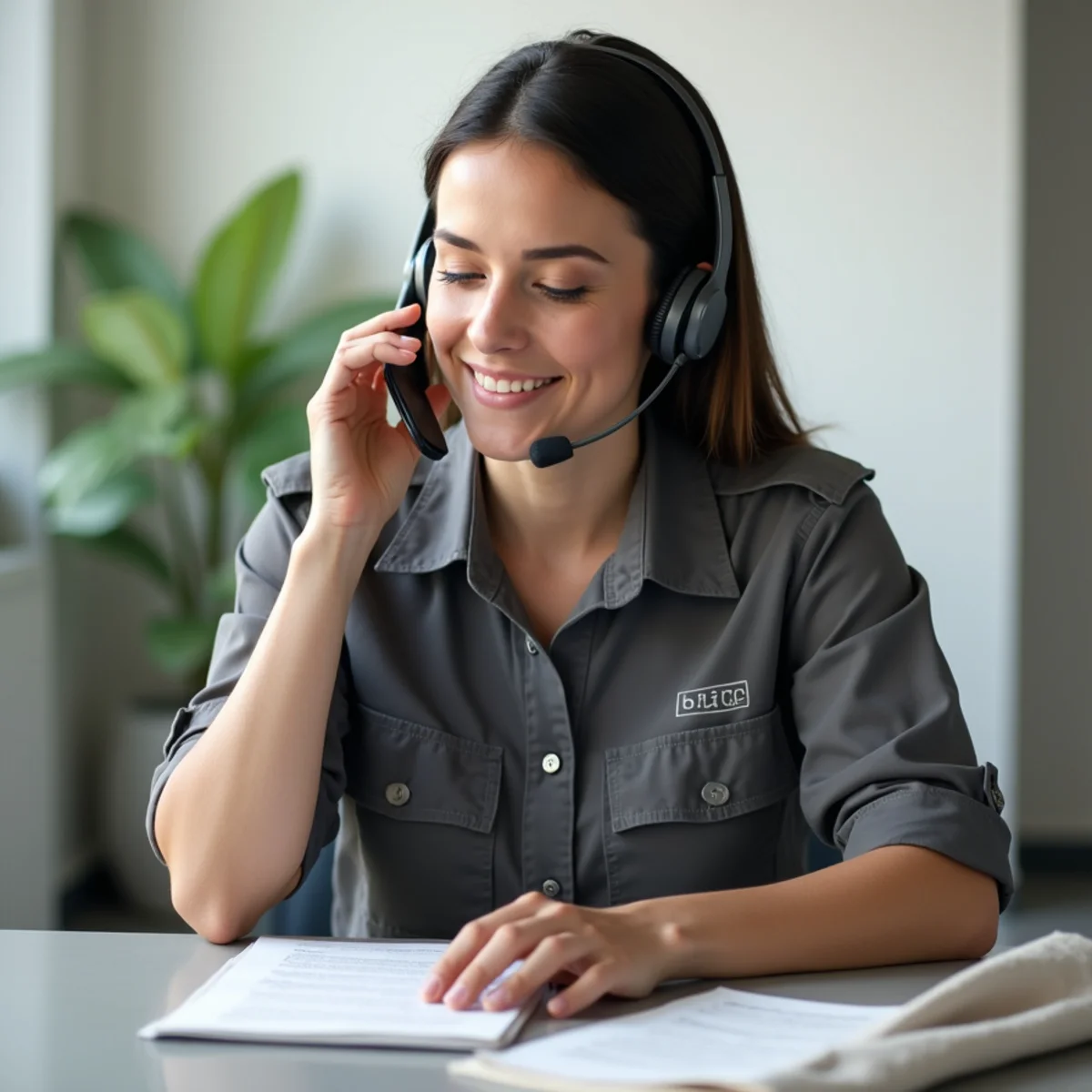 Customer service coordinator answering HVAC emergency calls in dispatch office