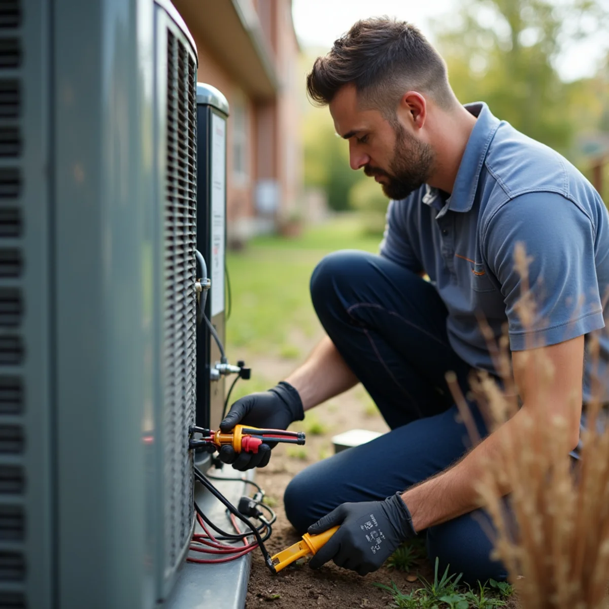 Technician testing outdoor air conditioner condenser unit pressures on service call in Humble