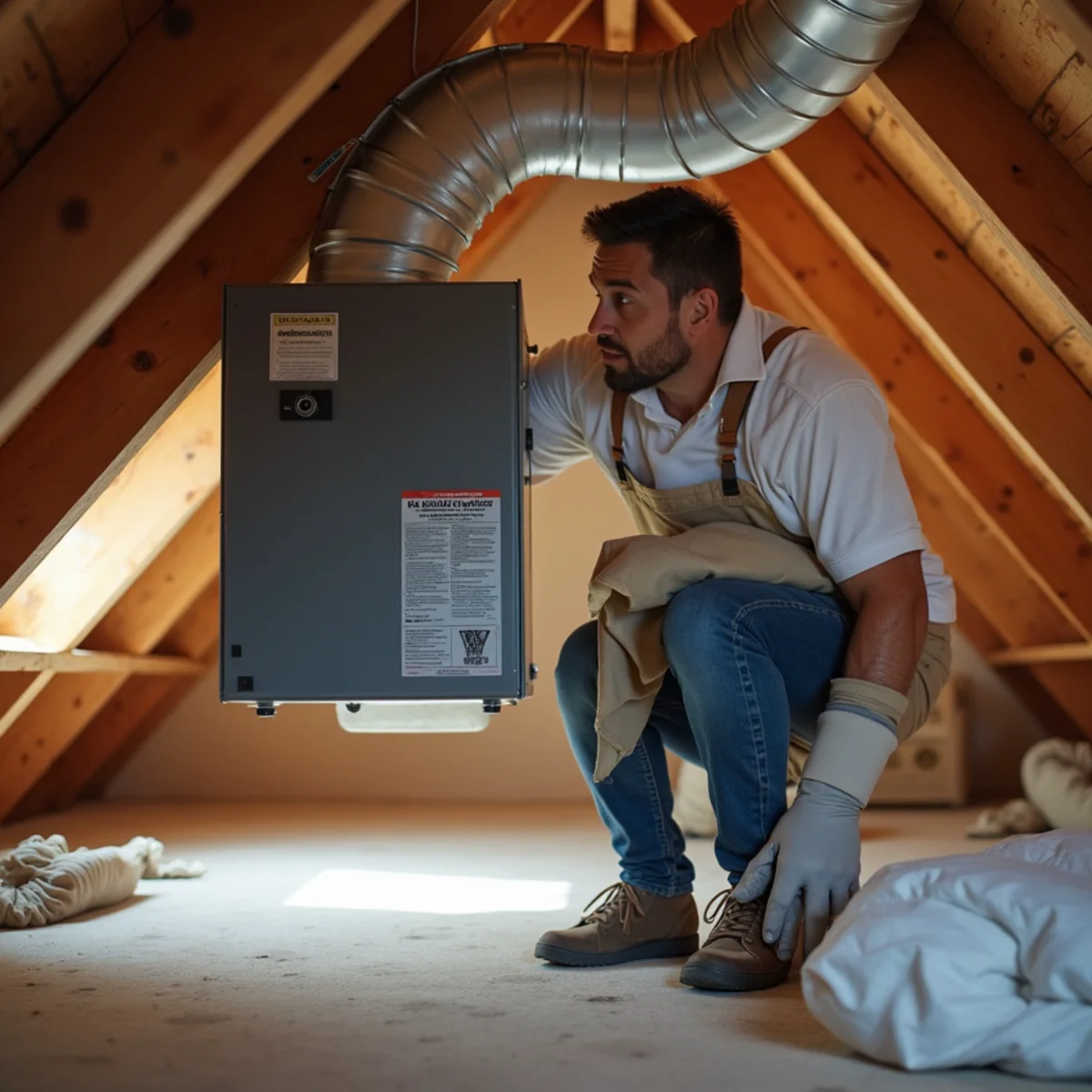 HVAC technician mounting germicidal UV-C light above evaporator coil cabinet